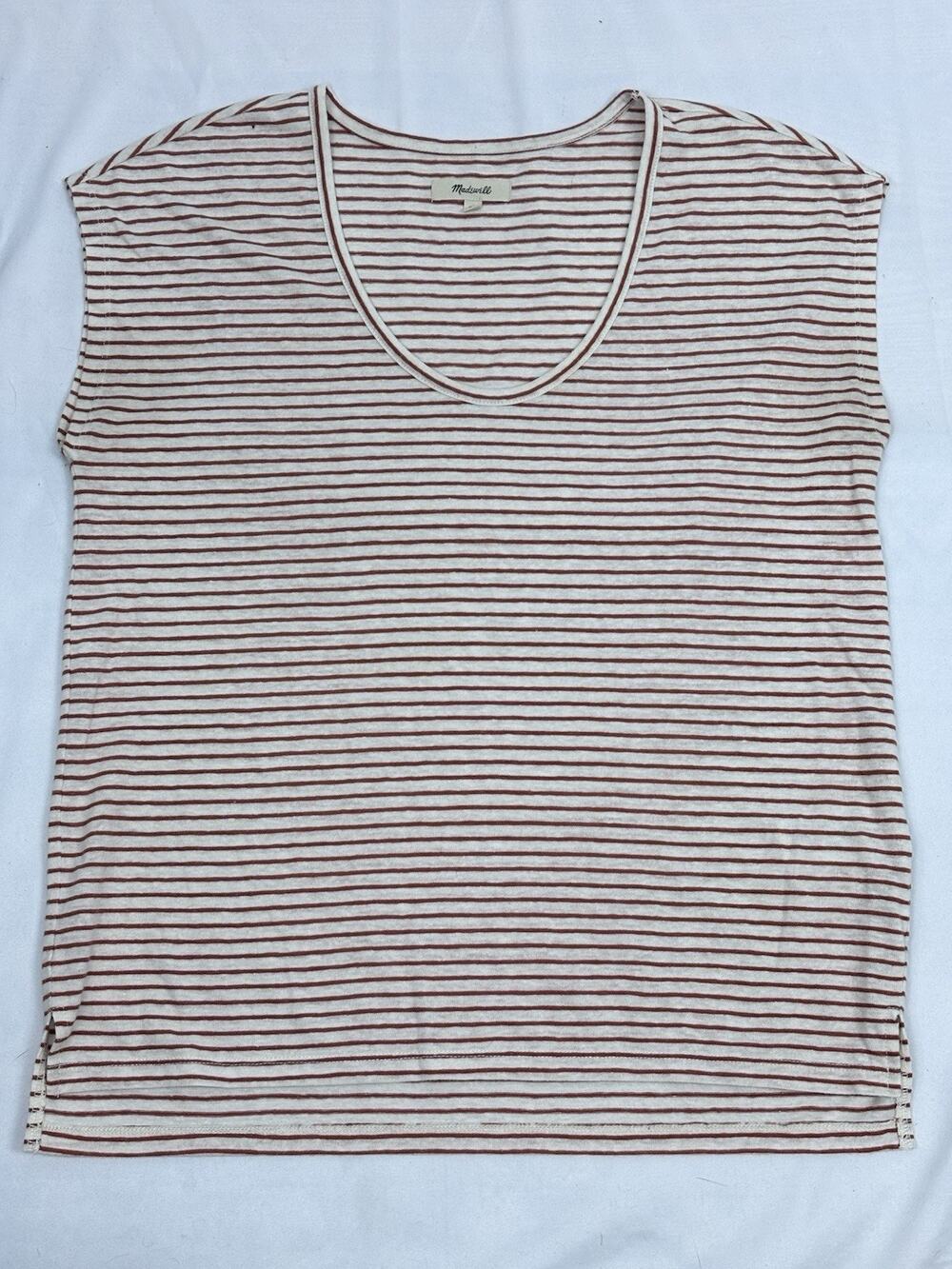 Madewell Shirt Rust Cream Stripe Linen Blend Cap Sleeve Oversized Top Size XS